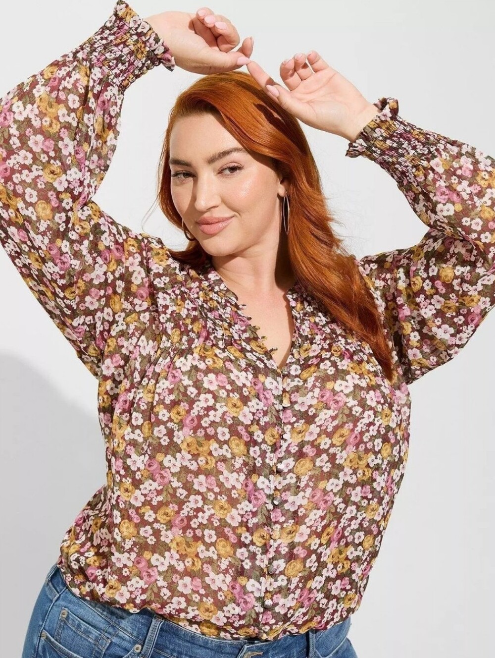 Torrid Crinkle Chiffon Smocked Blouson Sleeve Blouse Size 3 Floral Romantic